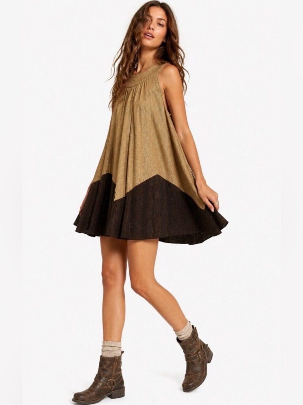 Free People Gold Brown Pleated Dress M